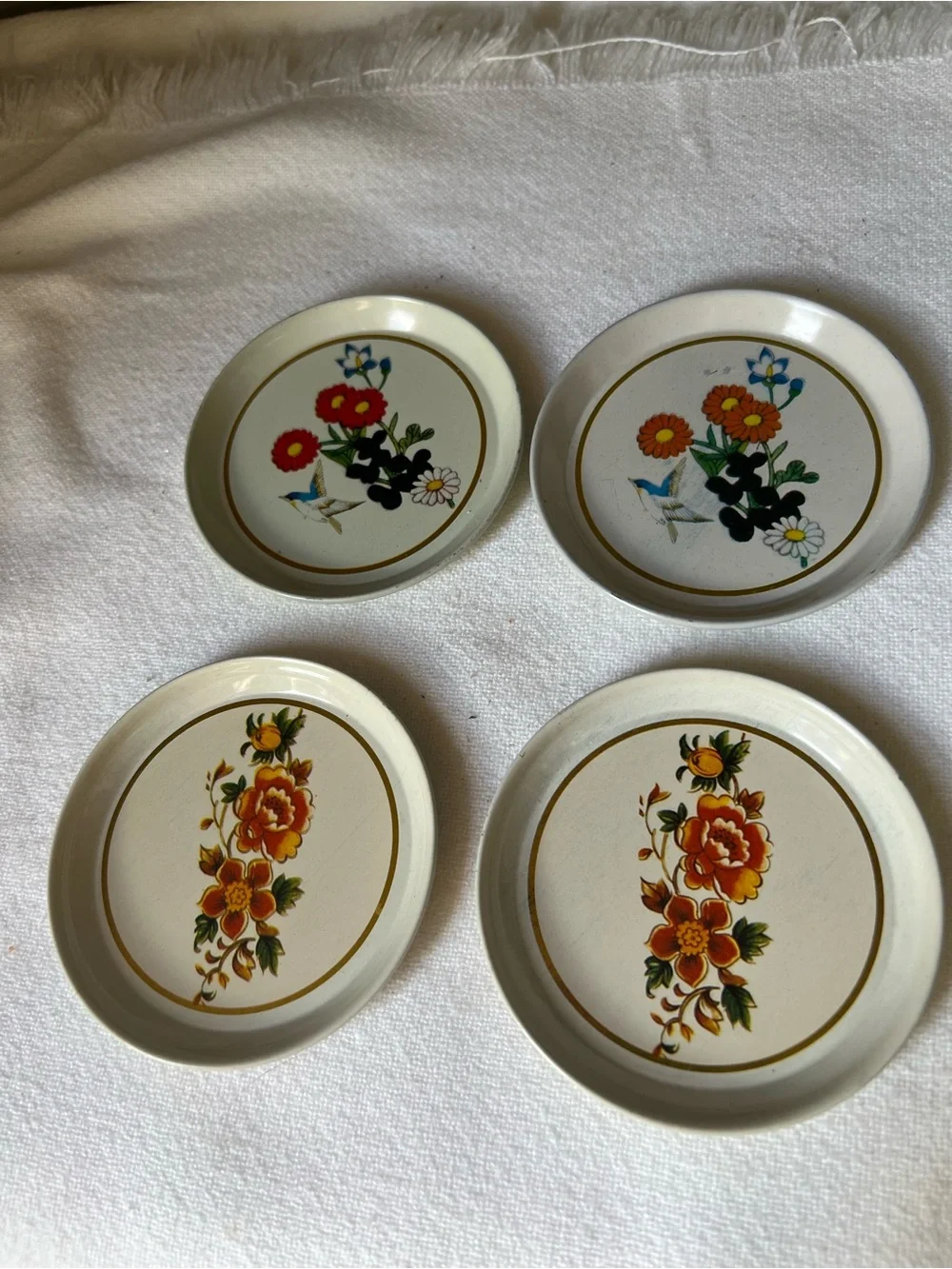 Vintage Floral tin Coasters - White with Orange & Red Floral Design